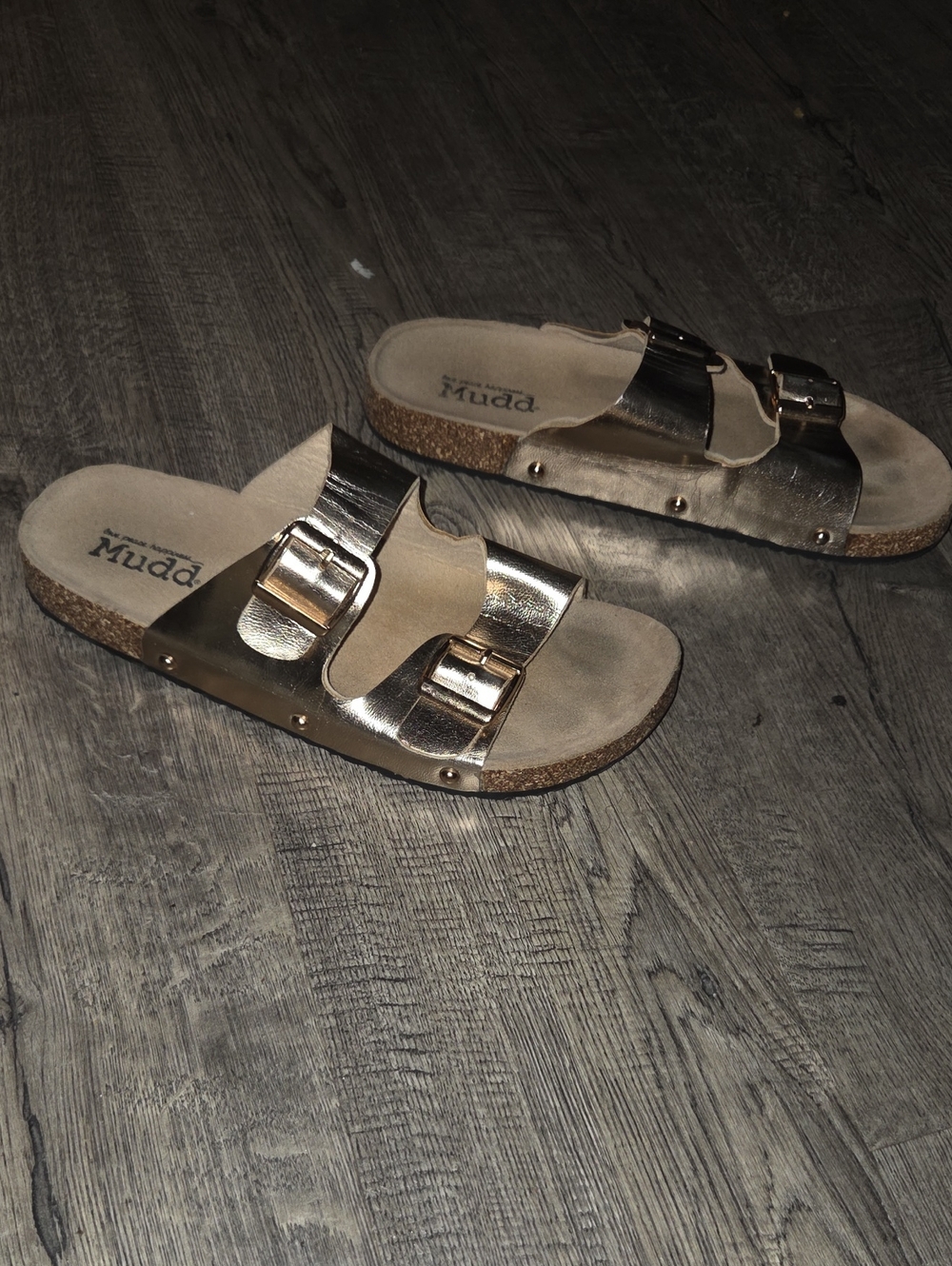 Mudd Metallic Gold Double Buckle Slide Sandals
